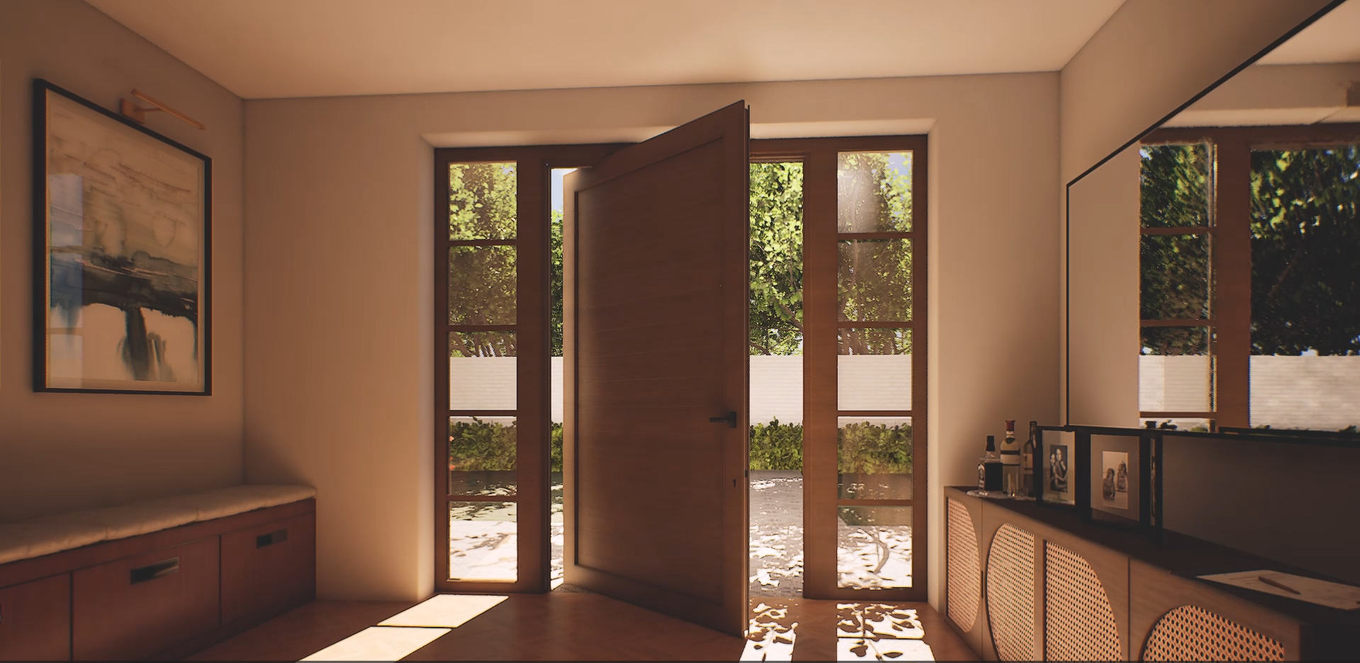 Puerta pivotante de PVC para entrada principal | Golden Oak + fijos laterales imagen carrusel 3