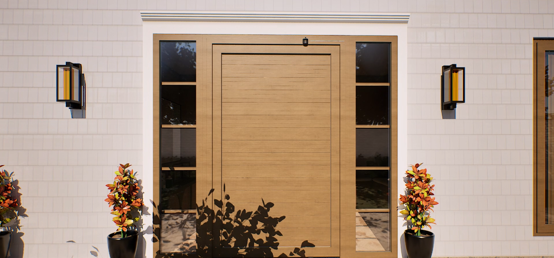 Puerta pivotante de PVC para entrada principal | Golden Oak + fijos laterales